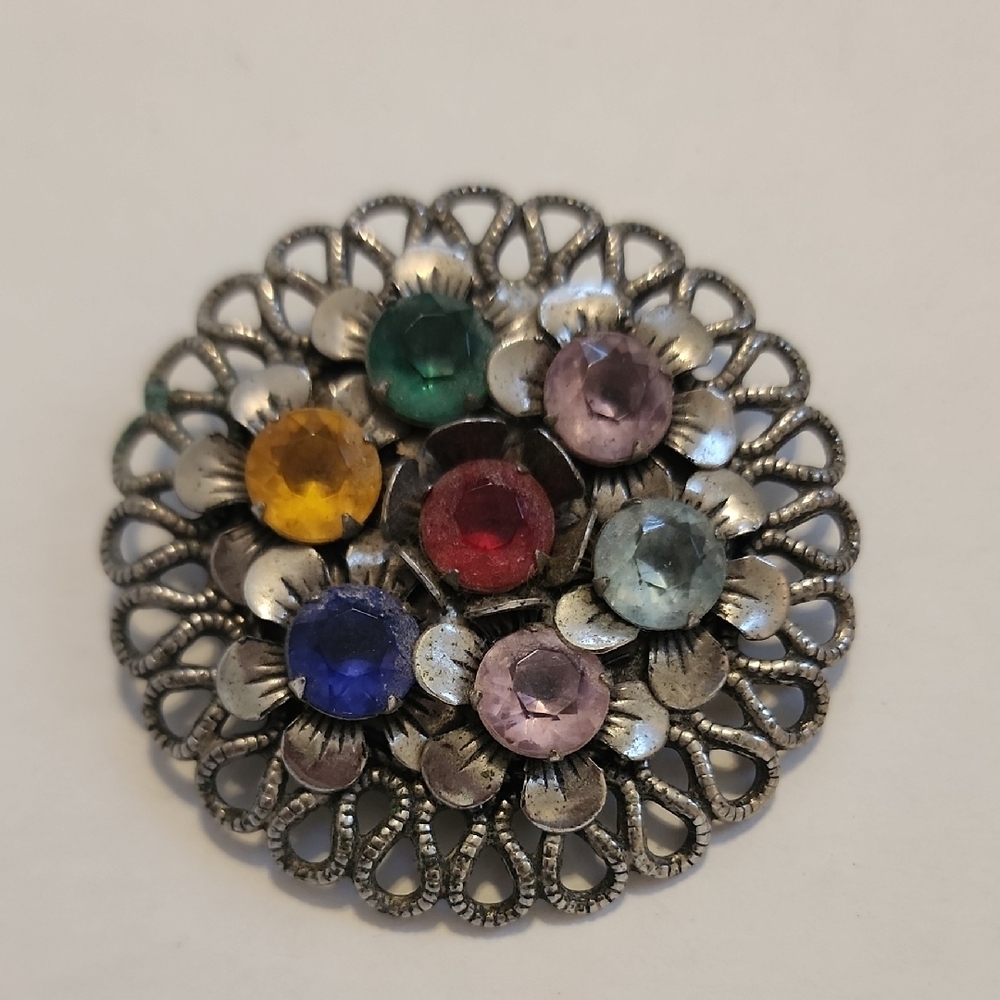Vintage Multicolor Rhinestone Floral Filigree Brooch Pin